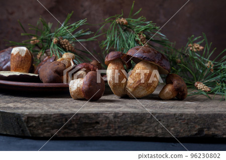 Imleria Badia or Boletus badius mushrooms commonly known as the bay bolete and clay plate with mushrooms on vintage wooden background.. Imleria Badia or Boletus badius mushrooms commonly known as the bay bolete and clay plate with mushrooms on vintage wooden background.. 96230802