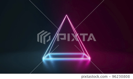 Blue and pink neon glowing pyramid stand in darkness 96230808
