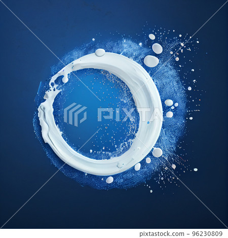 Milk splash isolated on blue background. Natural dairy product, yogurt or cream in crown splash with flying drops. Realistic illustration 96230809