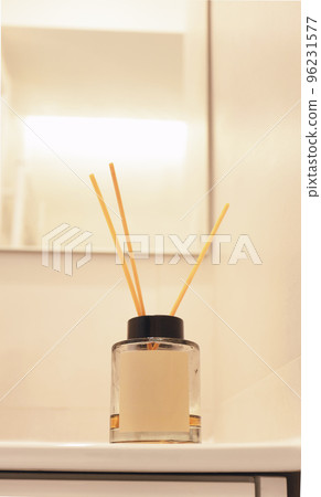 Reed diffuser product display beige bathroom background Reed diffuser product display beige bathroom background 96231577