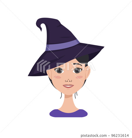 Avatar of asian woman with dark hair with emotions of joy and happiness, smile face and wearing a witch hat. Halloween character in costume Avatar of asian woman with dark hair with emotions of joy and happiness, smile face and wearing a witch hat. Halloween character in costume 96231614
