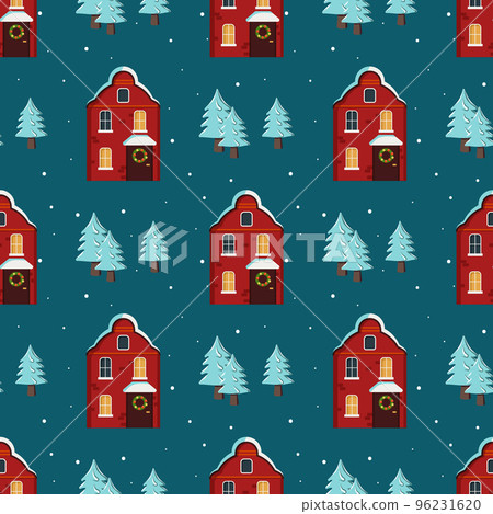 Seamless pattern with cute houses with a bright roof on the snow, light in the windows and chimneys. Merry holiday print, New Year and Christmas decorations. Winter and festive background Seamless pattern with cute houses with a bright roof on the snow, light in the windows and chimneys. Merry holiday print, New Year and Christmas decorations. Winter and festive background 96231620
