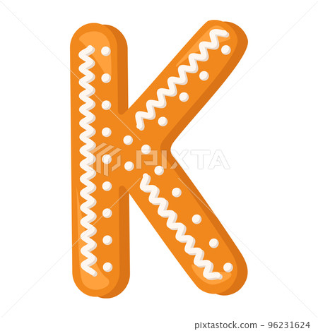 Letter K made from glazed gingerbread. Festive font, symbol of Happy New Year and Christmas, sign and letters of different shapes. Vector flat illustration Letter K made from glazed gingerbread. Festive font, symbol of Happy New Year and Christmas, sign and letters of different shapes. Vector flat illustration 96231624