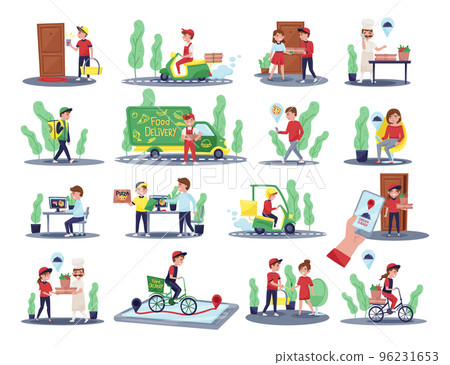 Courier delivery food set. Fast delivery service. Customers ordering food on mobile application cartoon vector Courier delivery food set. Fast delivery service. Customers ordering food on mobile application cartoon vector 96231653