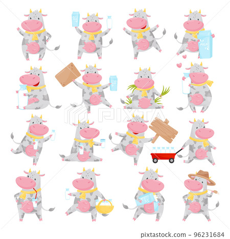 Cute Cow as Domesticated Animal with Hooves Chewing Grass and Drinking Milk Vector Set 96231684