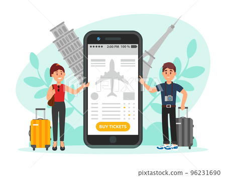 Man and Woman Couple Traveler with Suitcase Near Smartphone App Buying Plane Tickets Engaged in Tourism Vector Illustration Man and Woman Couple Traveler with Suitcase Near Smartphone App Buying Plane Tickets Engaged in Tourism Vector Illustration 96231690