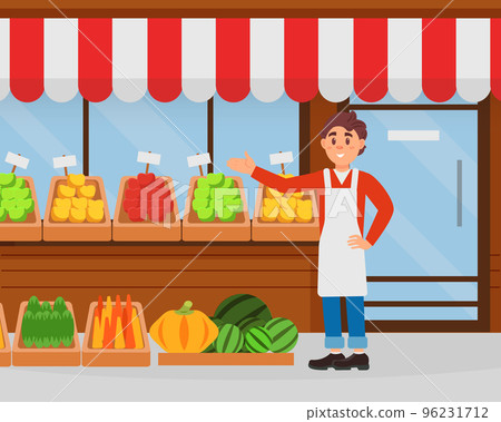 Cheerful man selling organic fresh fruit and vegetables at wooden market stall. Outdoor food market flat vector Cheerful man selling organic fresh fruit and vegetables at wooden market stall. Outdoor food market flat vector 96231712