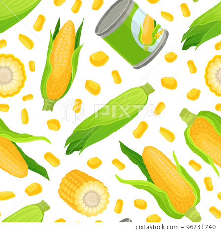 Sweet corn seamless pattern. Natural organic farm product repeating print for wallpaper, wrapping paper, textile, package design cartoon Sweet corn seamless pattern. Natural organic farm product repeating print for wallpaper, wrapping paper, textile, package design cartoon 96231740
