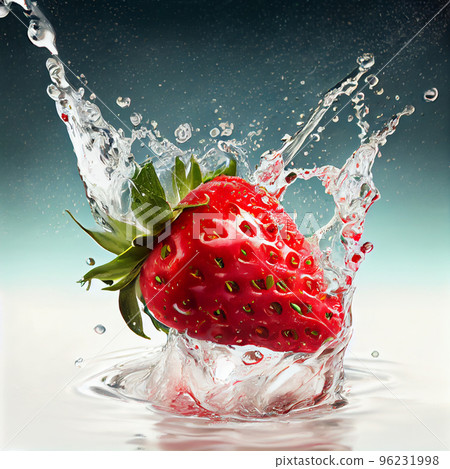 Strawberry realistic splash in fresh water. Fruit and yogurt. 3d illustration. 96231998
