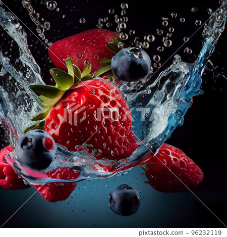 Fresh fruits, berries falling in water splash. Water with berries. 96232119