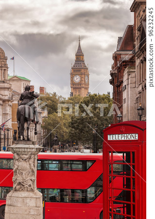 View from the Trafagar square to Big Ben with double decker bus and booth in London, England, UK 96232245