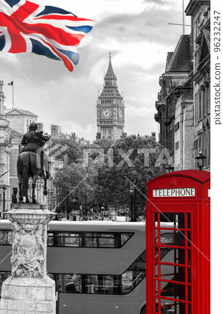 View from the Trafagar square to Big Ben with double decker bus and booth in London, England, UK View from the Trafagar square to Big Ben with double decker bus and booth in London, England, UK 96232247