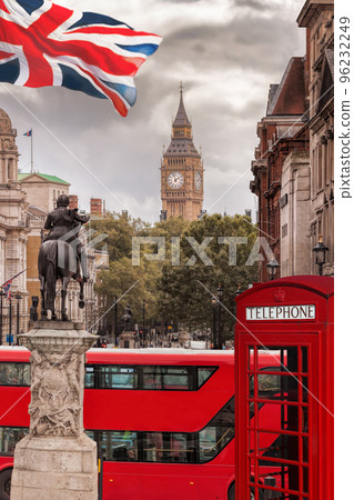 View from the Trafagar square to Big Ben with double decker bus and booth in London, England, UK 96232249