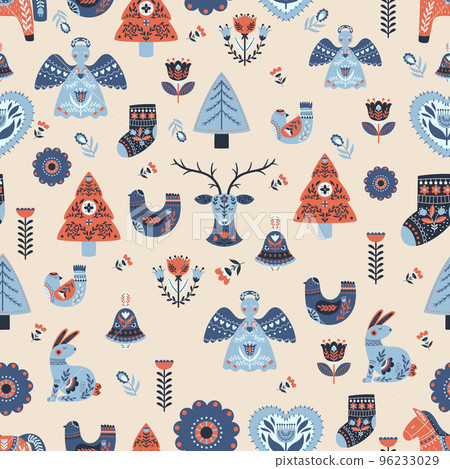 Christmas Scandinavian Pattern with Angel, Tree, Reindeer, Rabbit, Horse, Bird, Flowers and Hearts Repeated Background 96233029