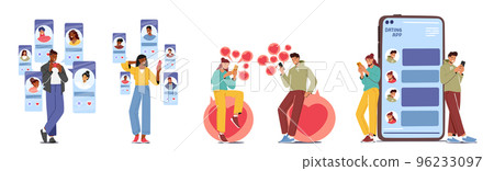 Male And Female Characters Use Dating App. People Match In Social Media. Online Dating Application, Virtual Love Concept 96233097