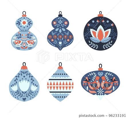 Set Christmas Tree Decoration in Traditional Scandinavian Folk Style. Xmas Baubles and Toys Cute Funny Decor Isolated 96233191