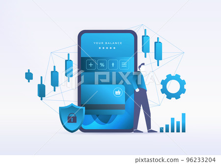 Fintech app concept illustration. Financial technology - Digital banking, Personal finance, Investments, Blockchain and cryptocurrency, RegTech financial and banking services in one mobile fintech app 96233204