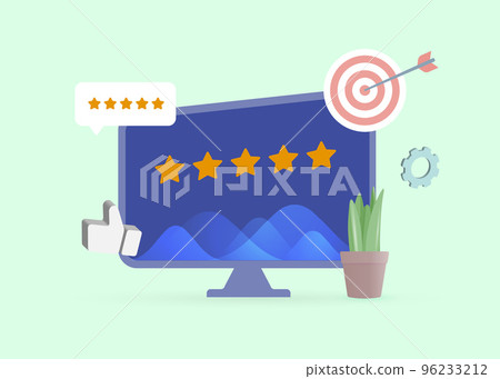 Giving Five Star Feedback, Customer Satisfaction Rating 3D vector, CSAT concept. Net Promoter Score, Customer Effort Score, Review and recommendations flat vector icon Giving Five Star Feedback, Customer Satisfaction Rating 3D vector, CSAT concept. Net Promoter Score, Customer Effort Score, Review and recommendations flat vector icon 96233212