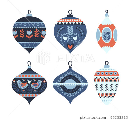 Set of Scandinavian Christmas Tree Decoration Baubles and Colorful Cute Glass Toys Isolated on White Background Set of Scandinavian Christmas Tree Decoration Baubles and Colorful Cute Glass Toys Isolated on White Background 96233213