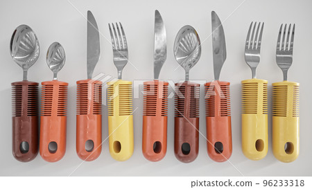 Ergonomic cutlery for the elderly, with arthritis, Parkinson's, apoplexy and the disabled - 3D Rendering 96233318