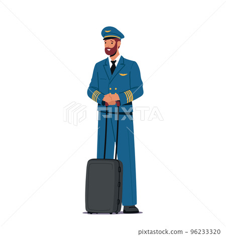 Airplane Pilot with Suitcase Isolated on White Background. Aviation Aircrew Male Character Wearing Uniform, Jet Captain 96233320