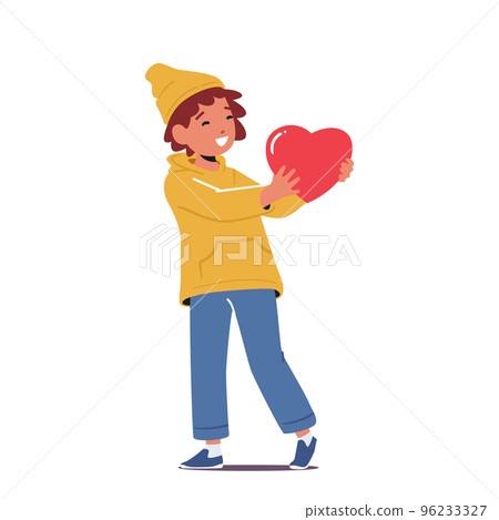 Concept Love, Charity, Gratitude, Donation. Little Boy Character Holding Big Red Heart in Hands. Happy Child with Heart 96233327