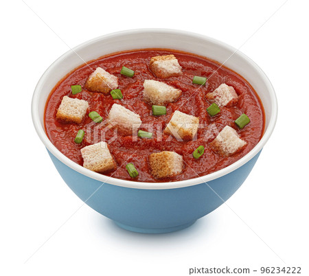 Instant tomato soup with croutons isolated on white background 96234222