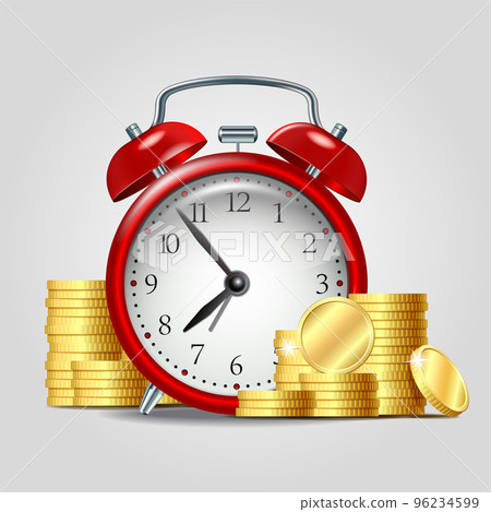 Red alarm clock and gold coins in a realistic style. Time is money metaphor. Money investment concept Red alarm clock and gold coins in a realistic style. Time is money metaphor. Money investment concept 96234599