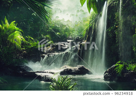 3d wallpapaper. Tropical forest, wild jungle. Closeup nature view of green leaf and palms background. Flat lay, dark nature concept, tropical leaf 96234918