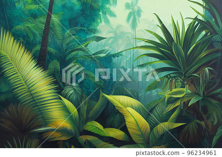3d wallpapaper. Tropical forest, wild jungle. Closeup nature view of green leaf and palms background. Flat lay, dark nature concept, tropical leaf 3d wallpapaper. Tropical forest, wild jungle. Closeup nature view of green leaf and palms background. Flat lay, dark nature concept, tropical leaf 96234961