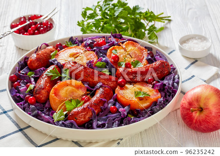 Seared Sausage, Red Cabbage and Apples on plate 96235242