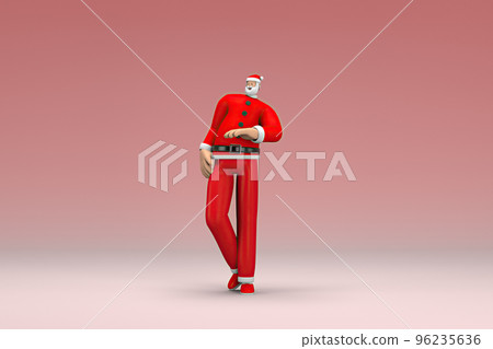 A man wearing Santa Claus costume. He is expression of hand when talking. 3d rendering of cartoon character in acting. 96235636