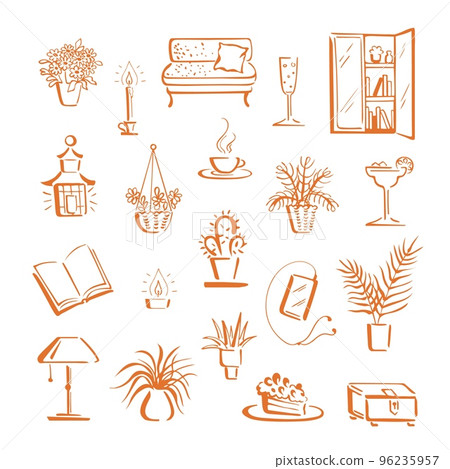Home hygge, relax ambience with things for stay-at-home leisure and indoor lifestyle. Collection of cute doodle objects 96235957