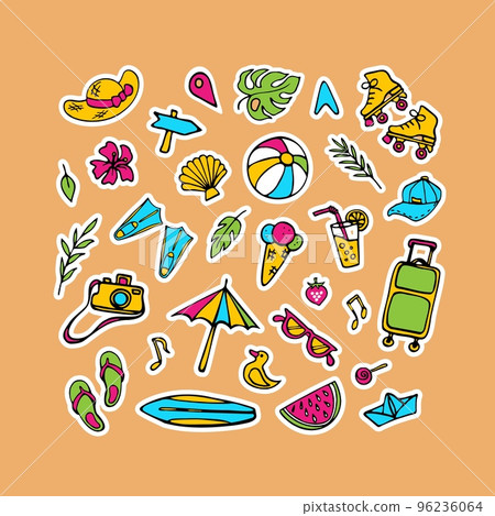 Summer symbols. Hand drawn clipart collection. Social media, vlog, blog sticker collection on vacation theme 96236064