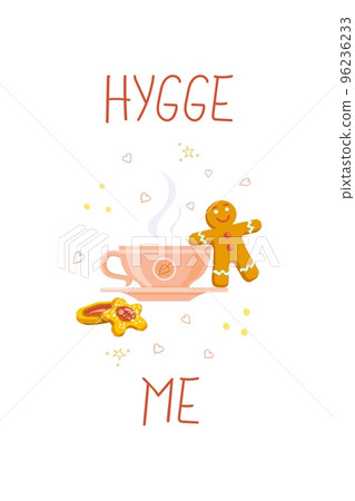Autumn design card with a wish. Hygge, cosiness, a cup of hot tea and cookies Autumn design card with a wish. Hygge, cosiness, a cup of hot tea and cookies 96236233