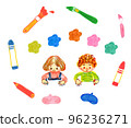 Children and art supplies in a painting class 96236271