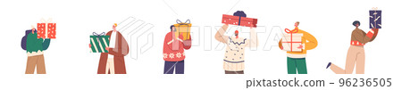 Set Of Happy People With Wrapped Gift Boxes. Male And Female Characters Prepare Winter For Holidays Celebration 96236505