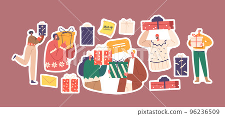 Set of Stickers Happy People Exchange Gifts for Christmas, New Year, Birthday or Boxing Day Celebration Patches Pack 96236509