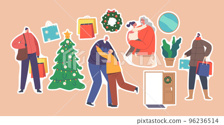 Set of Stickers Parents with Children Visit Grandparents at Home for Xmas Winter Vacation. Happy Family Patches Set 96236514