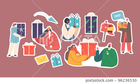 Set Stickers Male and Female Characters Giving Presents to Each Other and Sending by Mail on Winter Holidays Celebration Set Stickers Male and Female Characters Giving Presents to Each Other and Sending by Mail on Winter Holidays Celebration 96236530