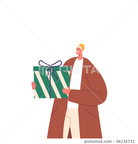 Man Holding Gift Box Wrapped With Festive Bow Isolated On White Background. Happy Male Character With Big Present Man Holding Gift Box Wrapped With Festive Bow Isolated On White Background. Happy Male Character With Big Present 96236732