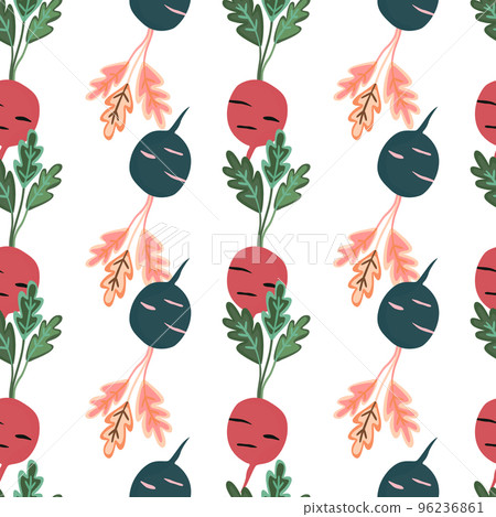 Hand drawn radish seamless pattern. Radish with leaves backdrop. 96236861