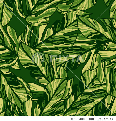 Creative tropical leaves seamless pattern in sketch style. Palm leaf endless floral background. Creative tropical leaves seamless pattern in sketch style. Palm leaf endless floral background. 96237035