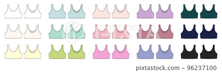 Set of girl bra technical sketch illustration. Casual underclothing multicolored collection. Women's yoga underwear design template bundle. 96237100