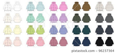 Set of oversized raglan puffer winter down coat technical sketch. Women's quilting jacket design template collection. 96237364
