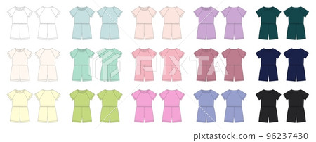 Set of cotton oversized raglan jumpsuit technical sketch. Women's romper design template multicolored collection. Set of cotton oversized raglan jumpsuit technical sketch. Women's romper design template multicolored collection. 96237430