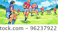 Refreshing and somewhat nostalgic rugby match scenery drawn with watercolors 96237922