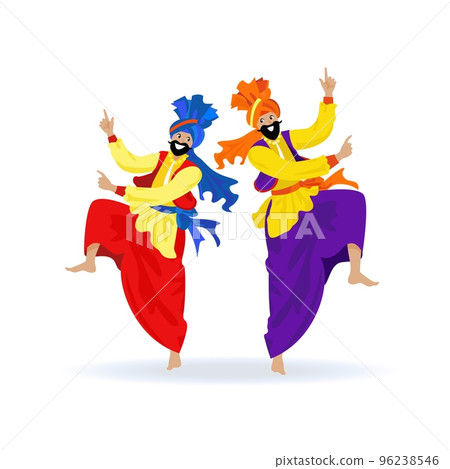 Two happy bearded Sikh men in turbans, colorful clothes, dancing traditional bhangra dance on Indian festival Lohri, party. Cartoon flat illustration Two happy bearded Sikh men in turbans, colorful clothes, dancing traditional bhangra dance on Indian festival Lohri, party. Cartoon flat illustration 96238546