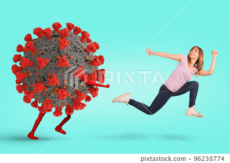 Coronavirus covid-19 runs and tries to cath a girl. cyan background. 96238774