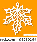Leaf pendant. White openwork maple leaf on yellow background. Hanging decoration, keychain on the theme of plants, nature. Template for plotter laser cutting of paper, metal engraving, wood carving. 96239269